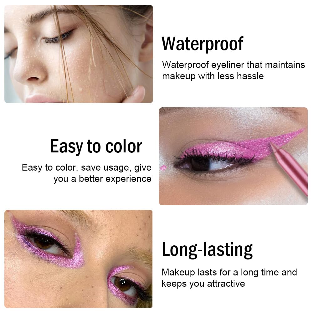 evpct Pink Glitter Eyeliner Pencils for Eyes, Pink Metallic Shimmer Eye Liner Pencil Makeup Waterproof Smudge Proof, Colored Gel Waterline Eyeliner Liquid, Face Eye Paint Stick Halloween Makeup 03