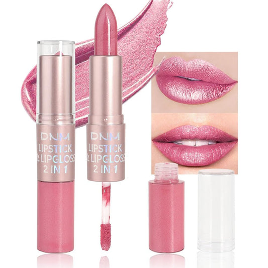 evpct 2 in 1 Rose Pink Glitter Metallic Shimmer Diamond Lipstick and Lip Gloss Set for Women Long Lasting Waterproof, Baby Nude Pink Sparkle Glitter Shiny Lipstick and Lip Liner Makeup Set, 06#