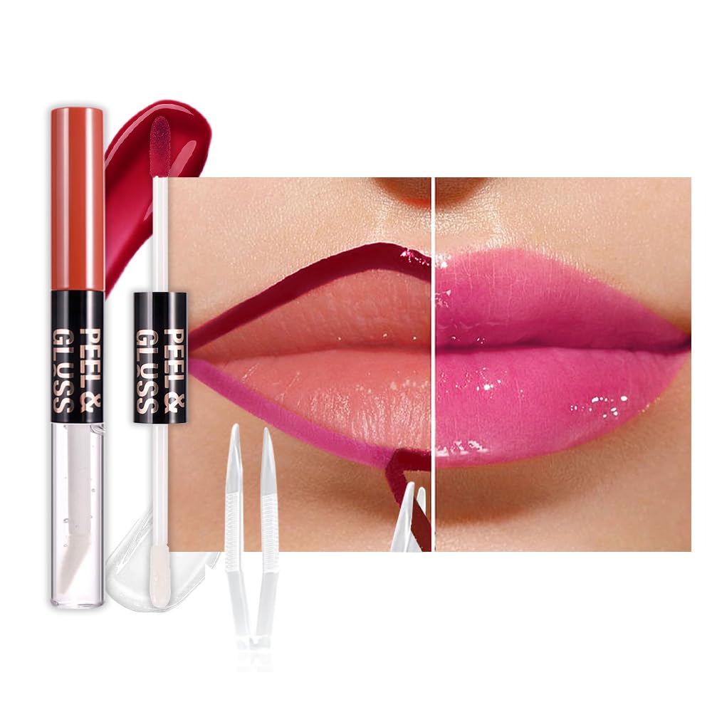Raspberry Peach Lip Stain Peel Off Lip liner and Lip oil with Tweezer, Dual-Ended Peel Off Lip Stain Tattoo, Highly Pigmented Long Lasting Waterproof, Transfer-proof for All Skin Types, 03#