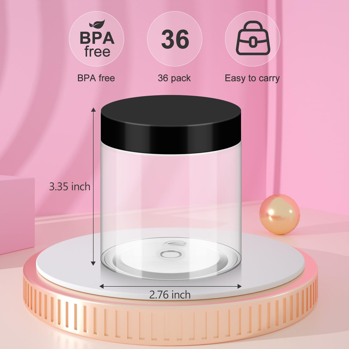 36 Pack 8oz Household Plastic Jars with Lids, BPA Free, Reusable, Refillable Transparent Cosmetic Containers for Bath Salts, Cosmetics, Powders, Beauty Product and Small Accessories, Black