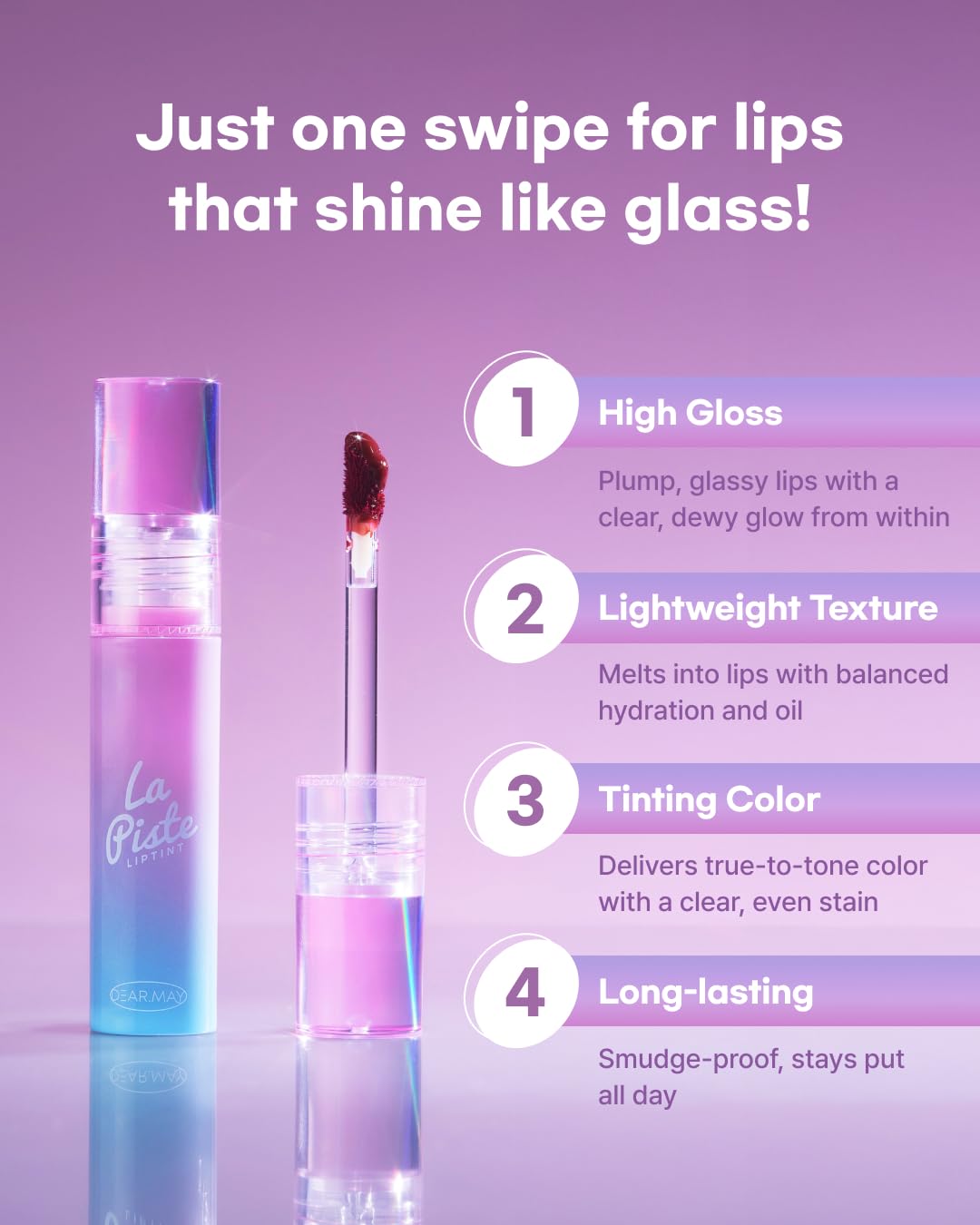 DEARMAY LA PISTE LIP TINT LP07 Falling 0.14 oz. long lasting lip stain with glossy finish and lightweight texture, non sticky, hydrating formula with no flaking and glassy vivid tint, korean makeup