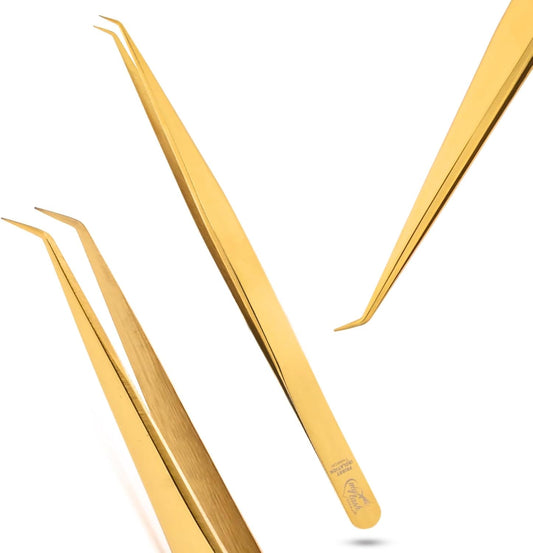 Isolation Tweezers for Eyelash Extension – 14cm Curved Lash Tweezer, Stainless Steel, Best for Individual Isolation & Classic Lashes, Pinzas para Pestaña(Gold Titanium)