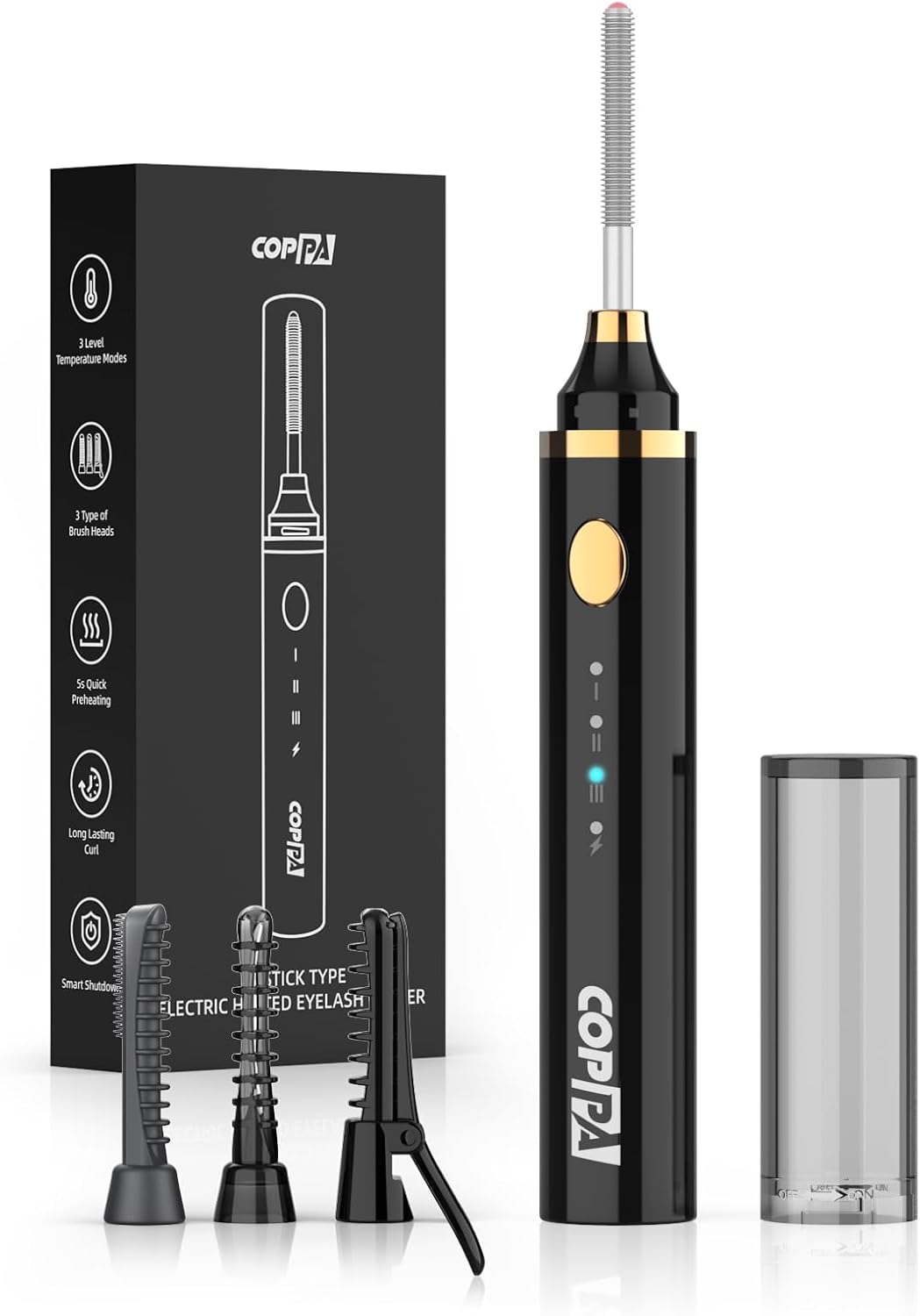 COPPA Electric Lash Curler, LP-1 Lipstick Type 3-in-1 Heated Eyelash Curler with 3 Brush Heads 3 Curling Modes and 3 Temp & 5s Quick Heat-up, Perfect for Beginners and Makeup Pros, Black