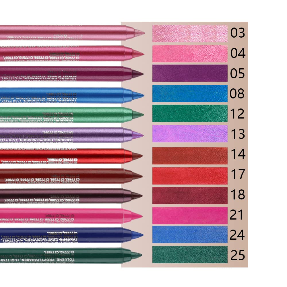 Kaely 12Pcs Glitter Gel Eyeliner Pencil Set for Women, Color Colorful Eye Liner Waterproof Smudge Proof, High Pigmented Eye Makeup Liners, lapiz de ojos delineador de ojos contra el agua, 02