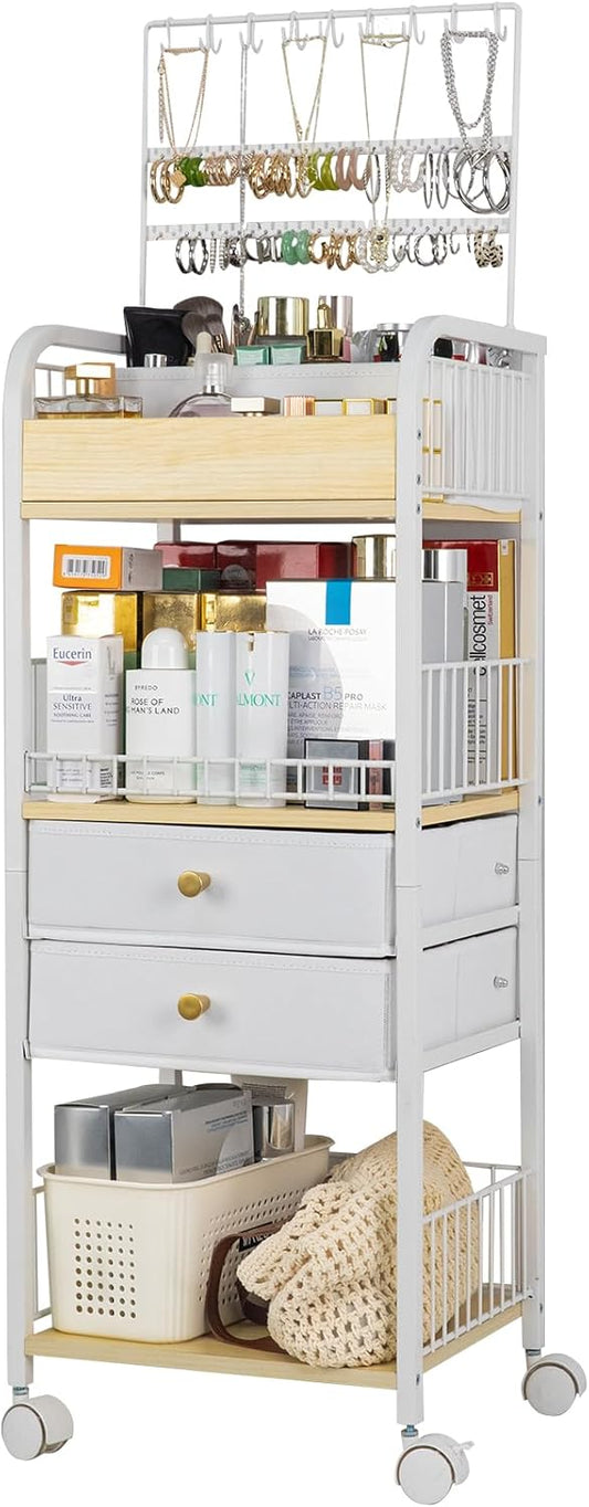 YGJT Makeup Organizer, Floor Skincare Cosmetics Organizer with Drawers, Jewelry Organizers and Storage for Earring Necklace, Vanity Organizer for Skin Care Perfume Makeup Brush Nail Polish Hair Tool