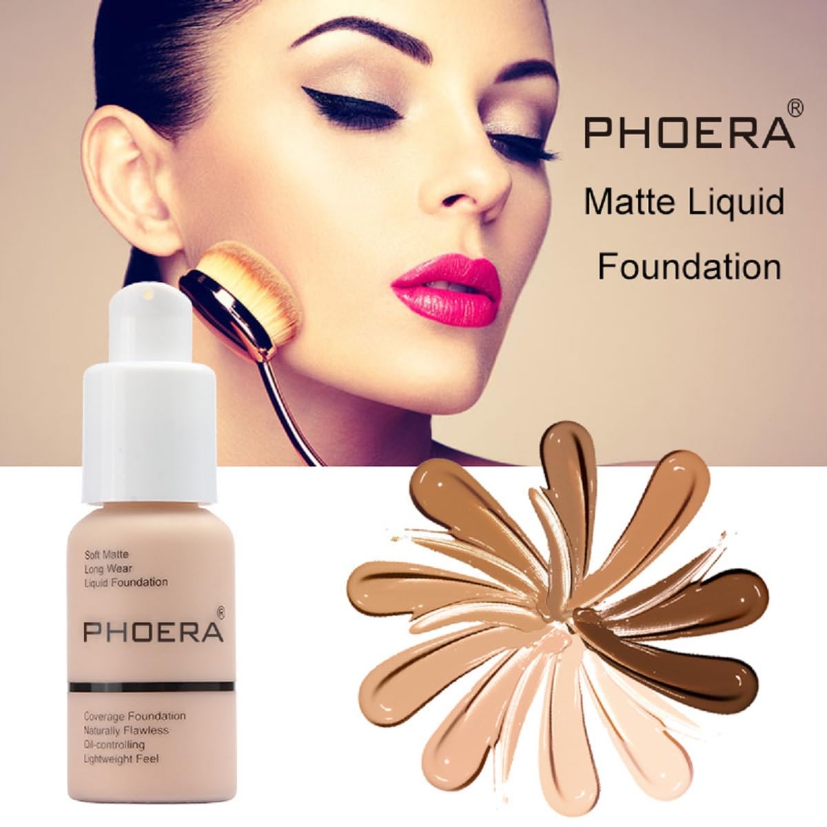 2 Pack PHOERA Foundation 104- Buff Beige and 105- Sand, Flawless Soft Matte Liquid Foundation 24 HR Oil Control Concealer Foundation Makeup.