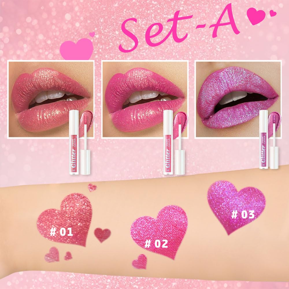 3Pcs Metallic Lipstick for Women,Lightweight Glitter Sparkling Liquid Lipsticks,Shimmer Lip Gloss Stain Long Lasting Waterproof Smudge Proof Non-Drying 24 Hour Full Coverage Lip Makeup,Vegan