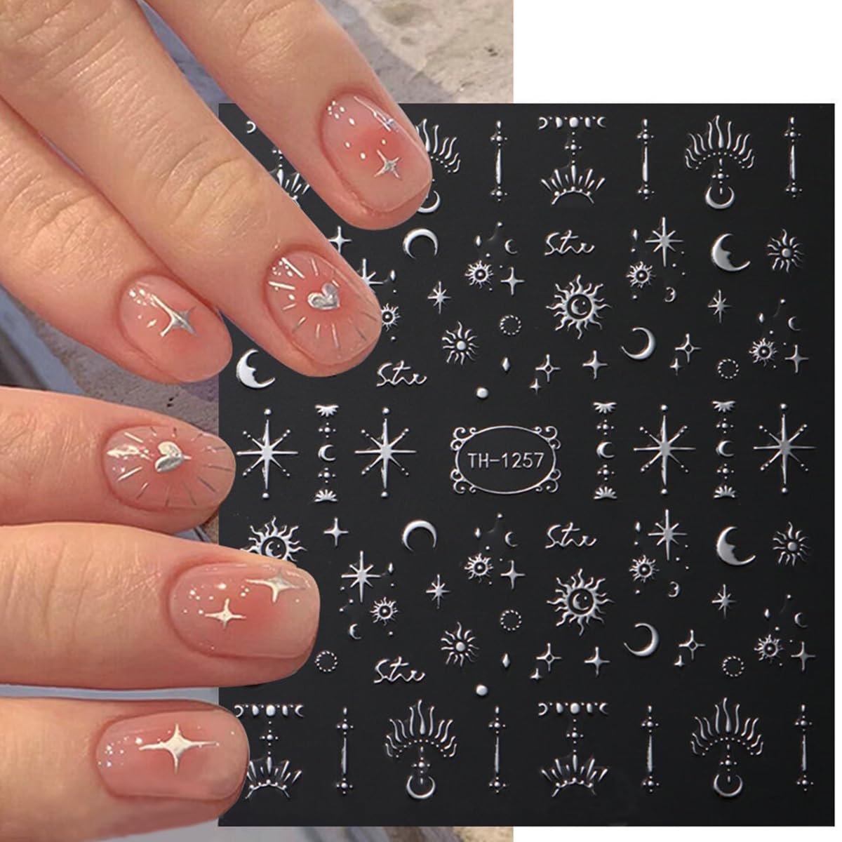 6 Sheets Metallic Nail Art Stickers Decals-3D Self-Adhesive Sun Stars Moon Nail Design Luxury Silver Metallic Nail Supplies Designer Nail Stickers for Women Acrylic Nails Decorations Accessories Craft