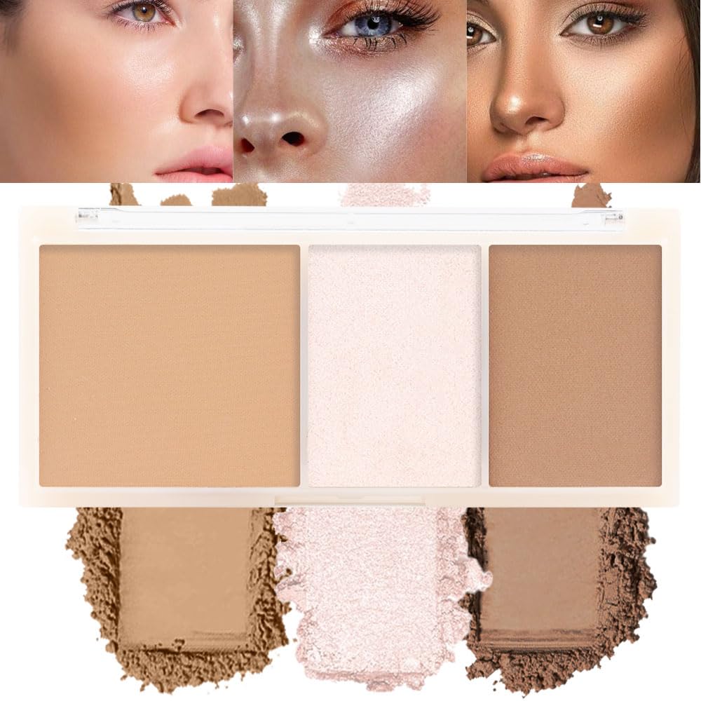 3 IN 1 Brown Nude Face Highlight Bronzer Powder Palette for Face Cheeks Contour Brightening, Buildable Matte Coverage Natural Makeup,Ultra Sculpt Nose Shadow Eyeshadow Primer 02#