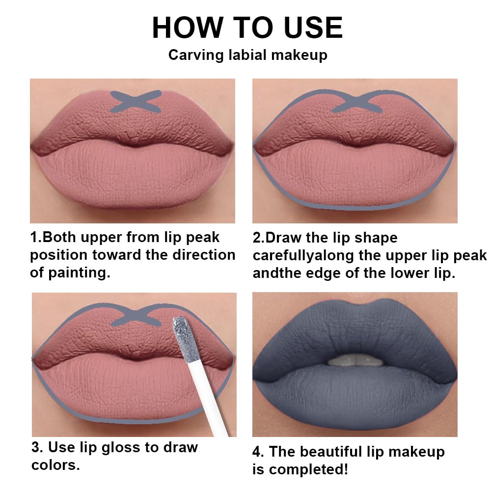 evpct 2Pcs Grey Gray Matte Liquid Lipstick Lip Gloss Stain and Retractable Lip Liner Makeup Set for Women Long Lasting Waterproof 24 Hours Permanent Lipstick labial mate larga duracion 24 44#