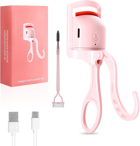 Heated Eyelash Curler, Rechargeable Electric Eyelash Curlers Fast Heat Up in 5s for 24 Hours Long Lasting, C-Shaped Safe Anti-Burn Quick Natural Eyelash Separator Tool Lash Comb (Pink)