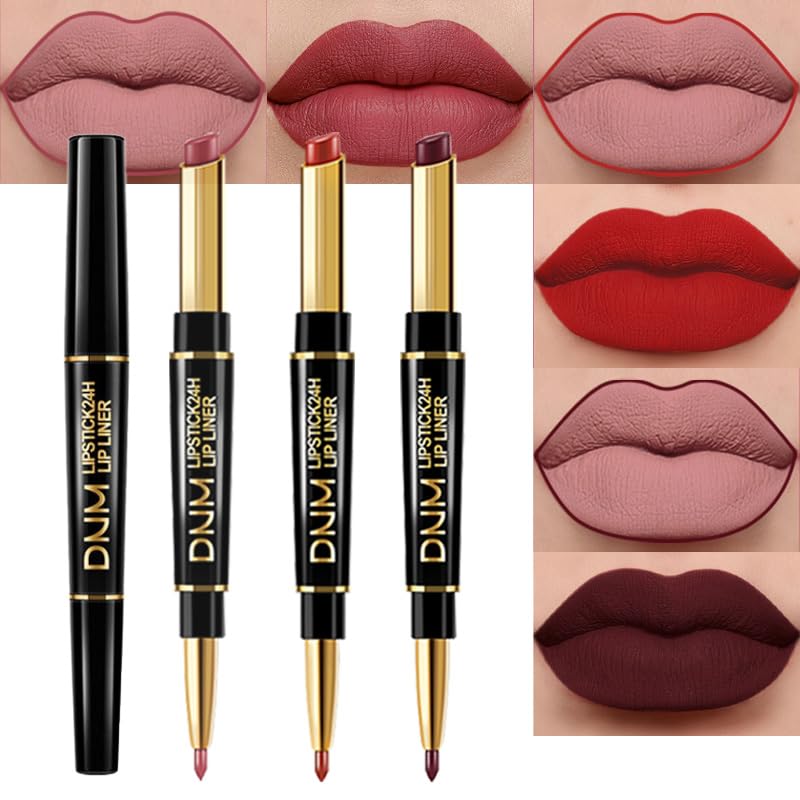 evpct 3Pcs Dark Deep Ruby Mauve Red Lip Liner and Lipstick Set Kit for Women Matte Matt 24 Hours Lipstick Pen and with Lip Liner Pencil Set Long Lasting 24 labial labiales mate 24 horas originales