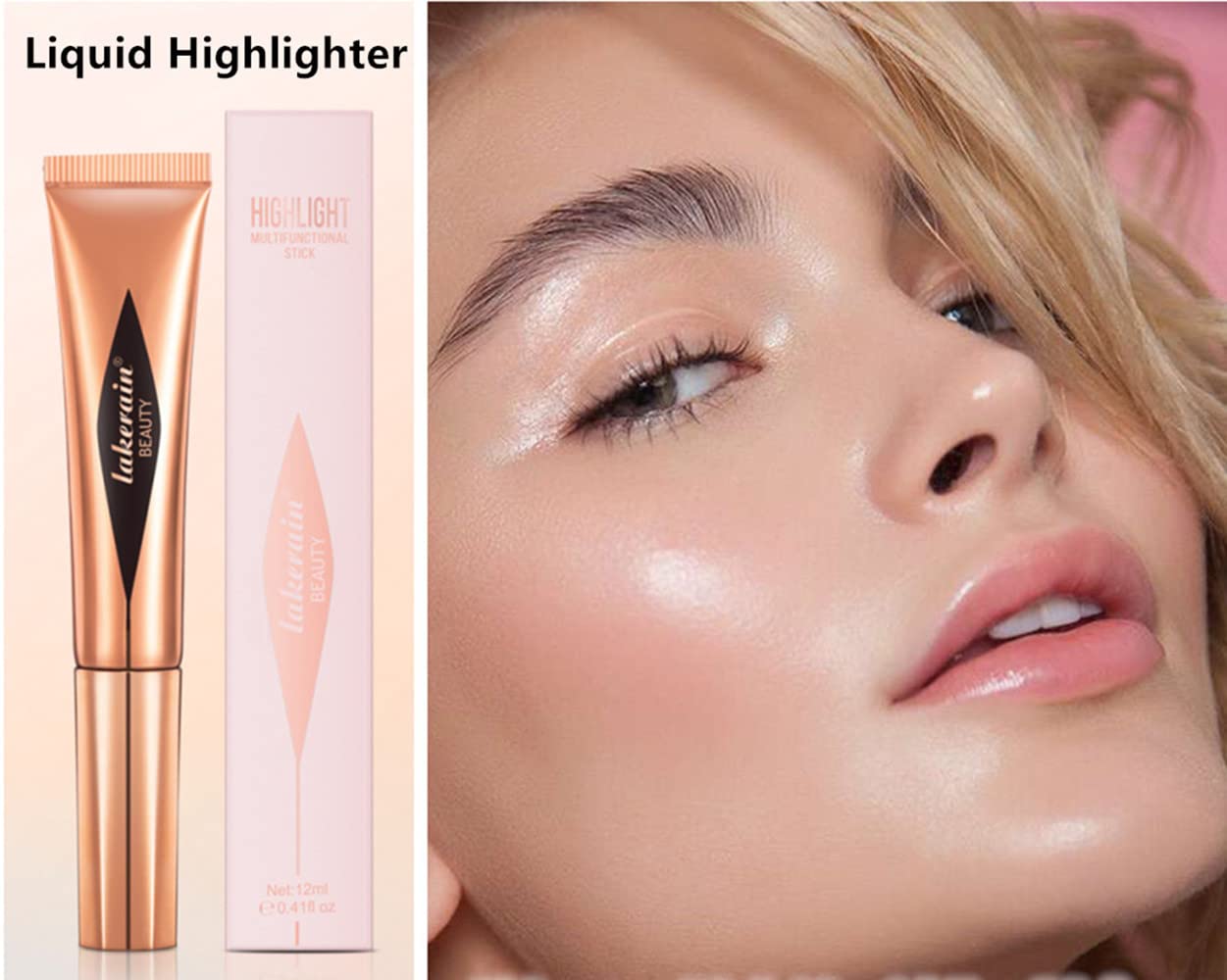 Go Ho Liquid Highlighter Wand,White Pink Highlighter Makeup Stick with Cushion Applicator,Smooth Creamy Liquid Highlighter Blendable Glowing Face Illuminator Contouring Makeup,03# Highlighter Makeup