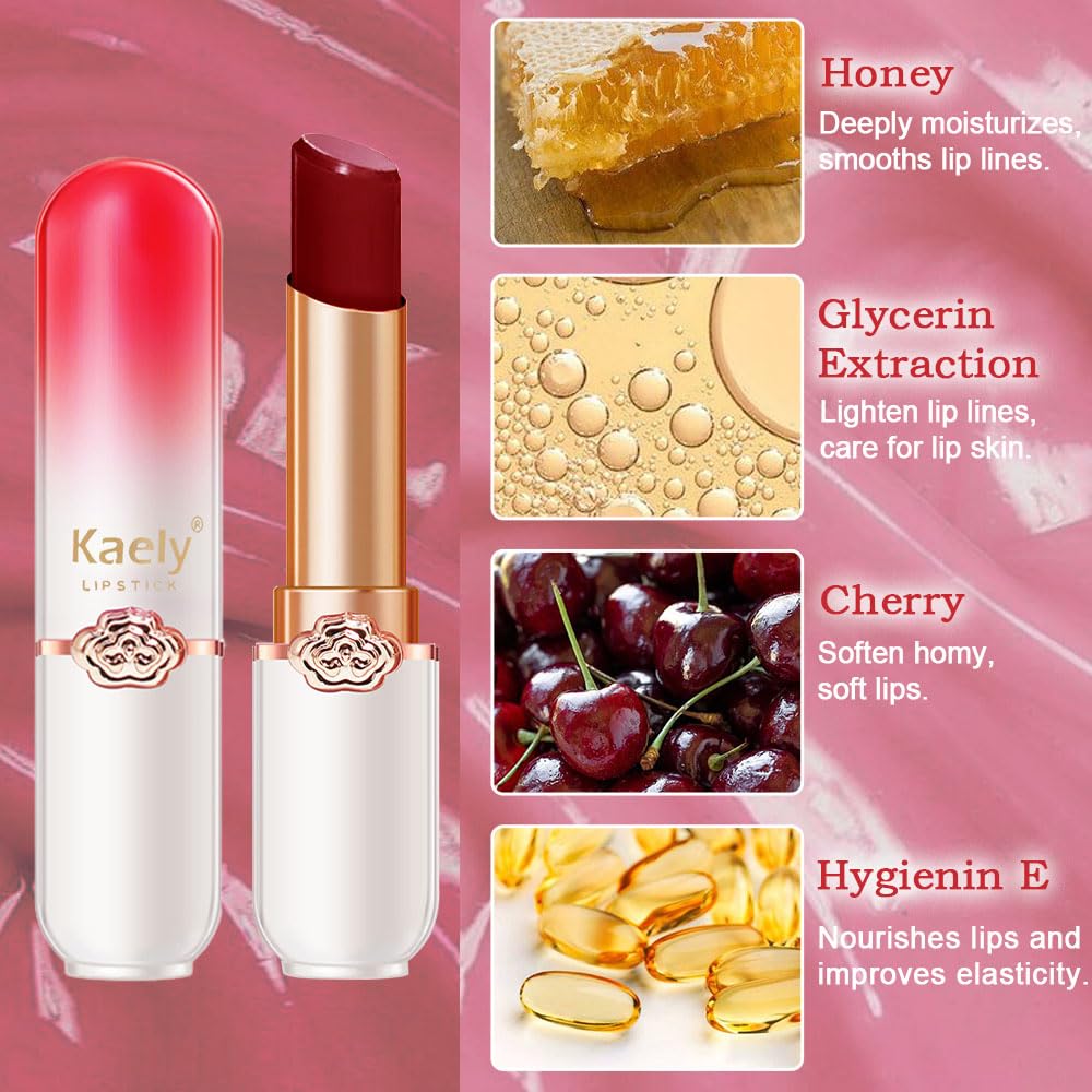 evpct 2Pcs Peach Red Cherry Magic Mood Color Changing Lipstick Long Lasting 24 Hours Original for Women, PH Color Change Changing Jelly Lipstick Tinted Lip Balm Gloss Stain Makeup Set labiales magicos