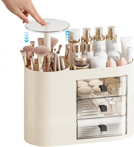 DASITON Makeup Organizer with 3 Drawers,Automatic Lifting Makeup Brush Holder with Lid,Large Capacity Makeup Organizers for Vanity,Bathroom Countertop,Ideal Storage Skin Care,Brushes,Lipstick (Cream)