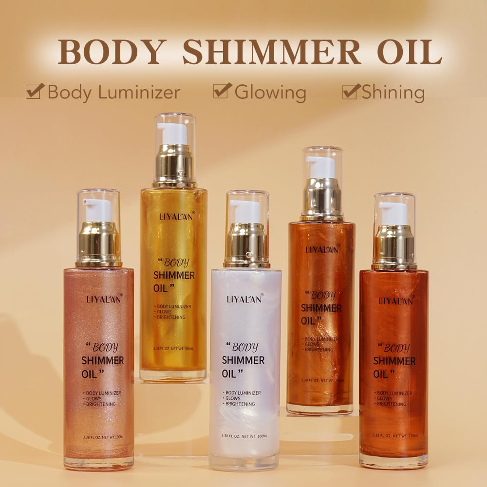 Liyalan Shimmer Body Oil Golden Brown 5 Color Bronze Face Glow Pearl Highlighter Illuminator Body Makeup Shine Glitter Gold Liquid Taning(3.38 Fl Oz/#04)