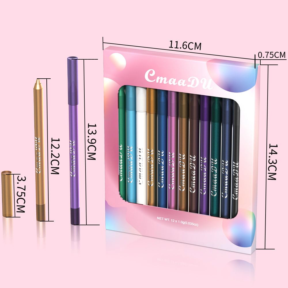 12Pcs Colored Gel Glitter Eyeliner Pencils Set Dark Light Emerald Green Sky Royal Blue Black White Pink Purple Brown Gold Eyeliner Pencils Eye Liner Liquid Liner Waterproof Smudge Proof delineadores