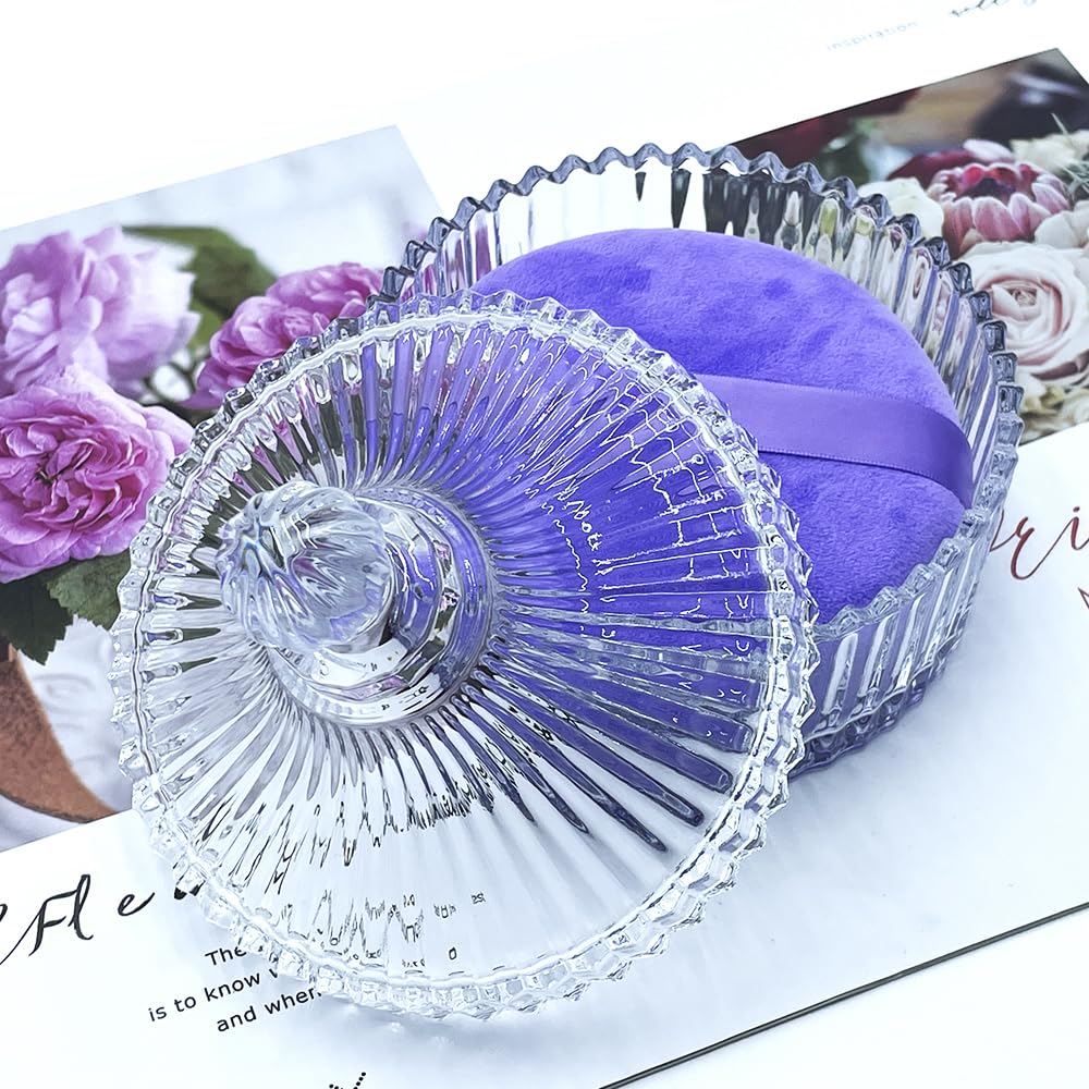 2 Pack Extra Large 5.2" Purple Powder Puffs and 5.3" Glass Container – Oversized Dusting Powder Jar with Puff Powder Holder Case(Clear Glass)