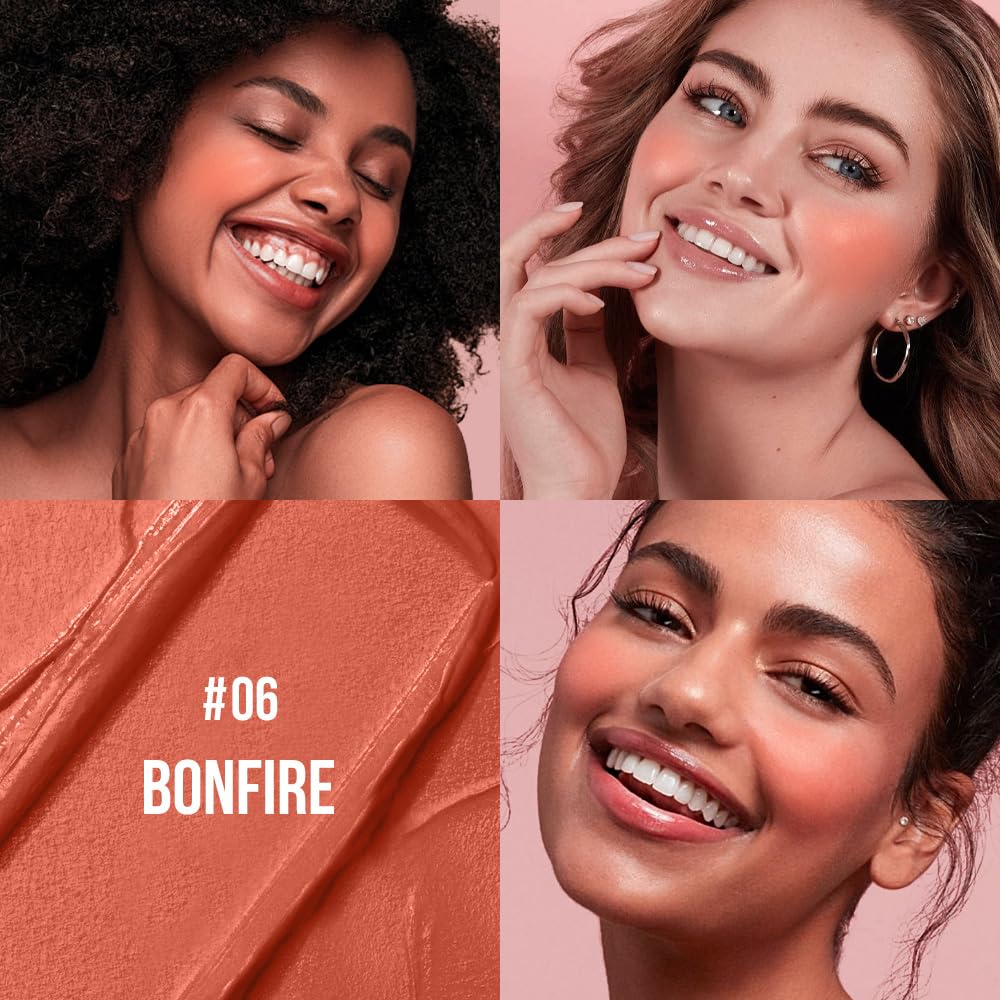 Multi-Use Waterproof Makeup Cream Blush Stick with Brush, Unidollss 3-in-1 Buildable Blush Stick for Cheeks, Eyes, and Lips, All day wear, Easy Application (06 BONFIRE)