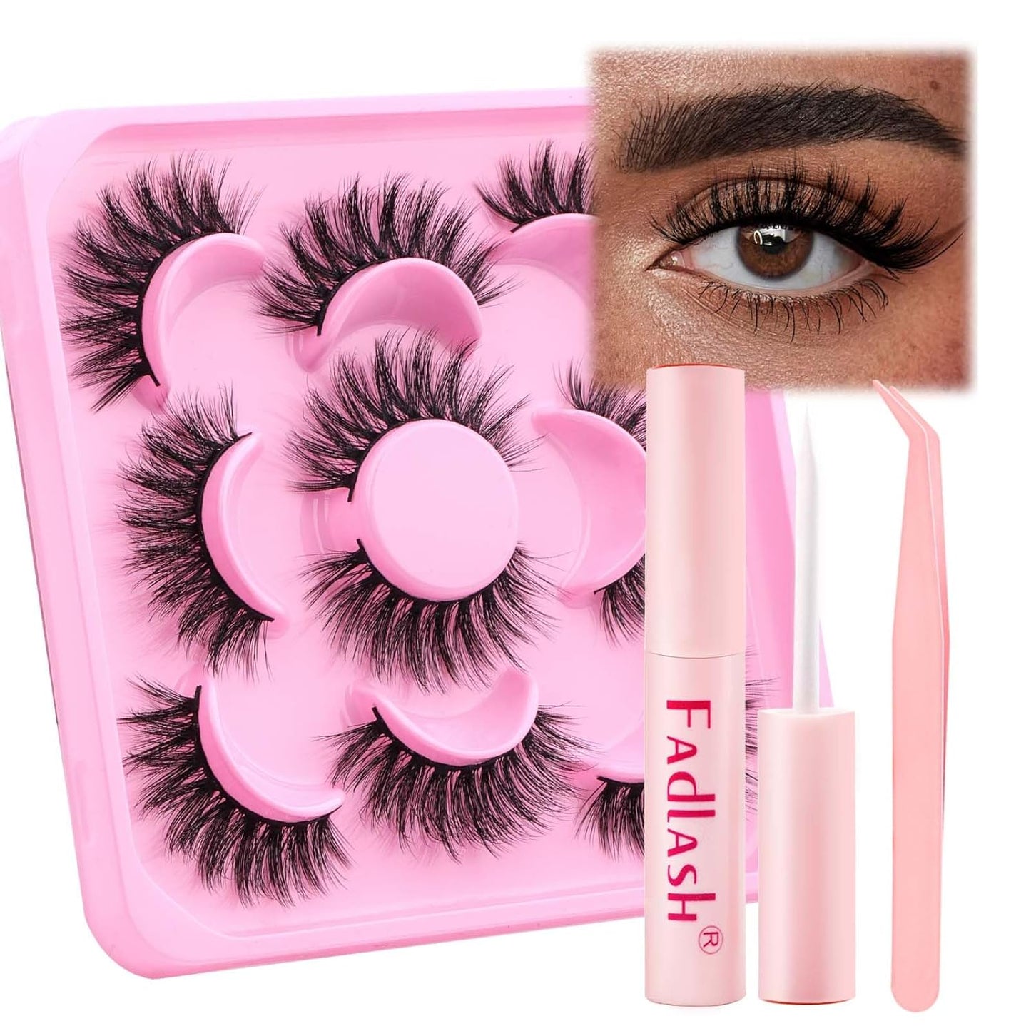 False Eyelashes Kit Natural Black Cat Eye Lashes with Thin Band Wear Comfortable Fake Lashes 5 Pairs Lash Applicator Tool at Home by FADLASH, LZE25