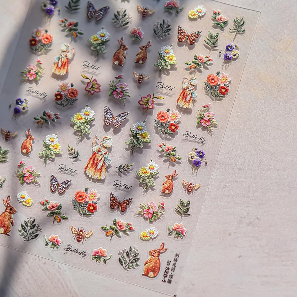 5D Embossed Flower Nail Stickers Decals Pastoral Style Nail Art Cute Bee Rabbit Butterfly Stickers for Nails Designs Self Adhesive Nail Art Supplies & Decorations for Women Girls 1 Sheet