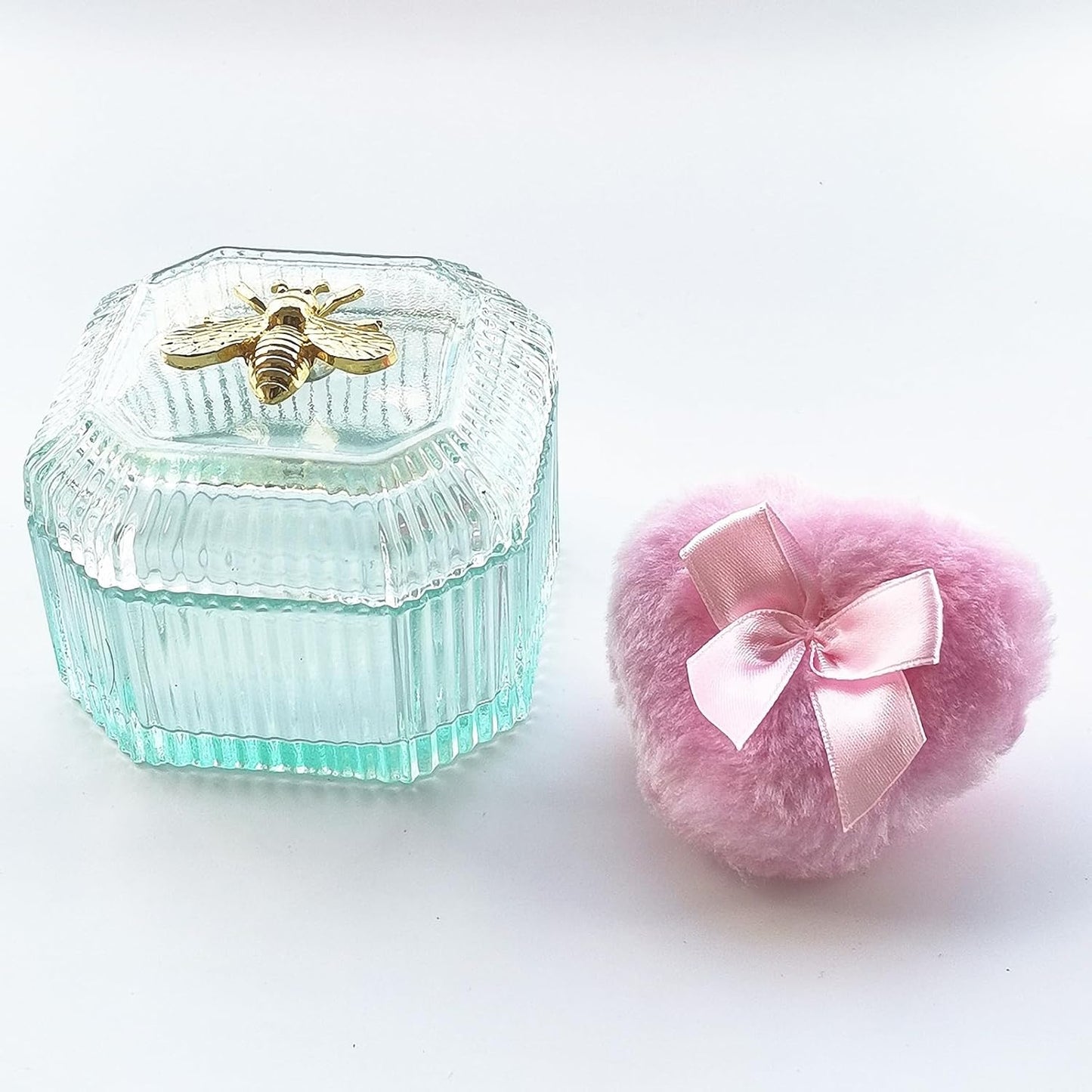 Body Powder Puff and Container - Glass Dusting Powder Container with Soft Puffs Vintage Powder Puff Case for Women & Girls (3.15x3.15x2.56 H IN) - GRB015-Light Green