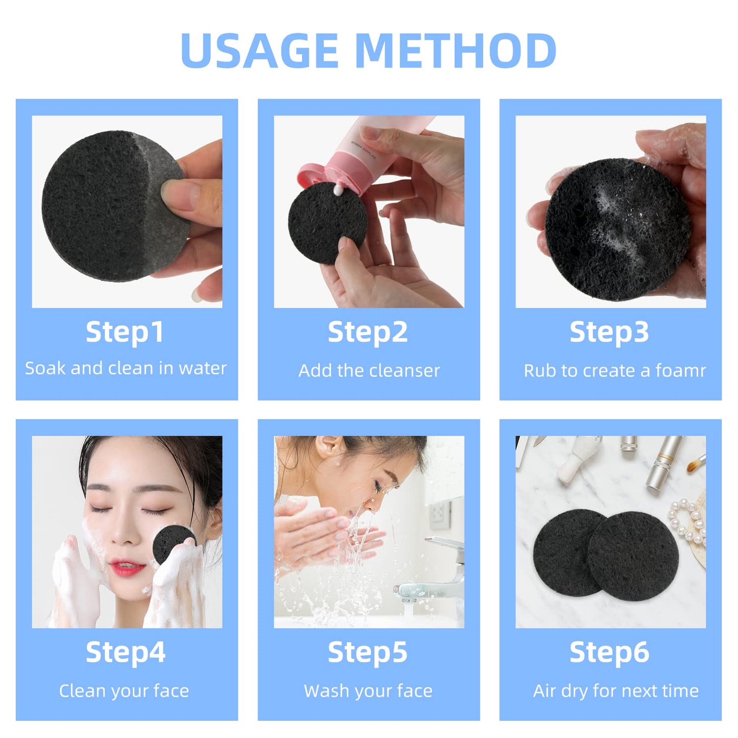 50-Count Facial Sponges Compressed Natural Cellulose Sponge Round Shape Face Sponge for Face Cleansing Exfoliating and Makeup Removal, Black