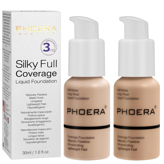 PHOERA Foundation, PHOERA Matte Liquid Foundation,PHOERA Makeup for Women, PHOERA Foundation Full Coverage Concealer, 30ml 24HR Matte Oil Control Concealer (102+104/ Nude+Buff Beige)