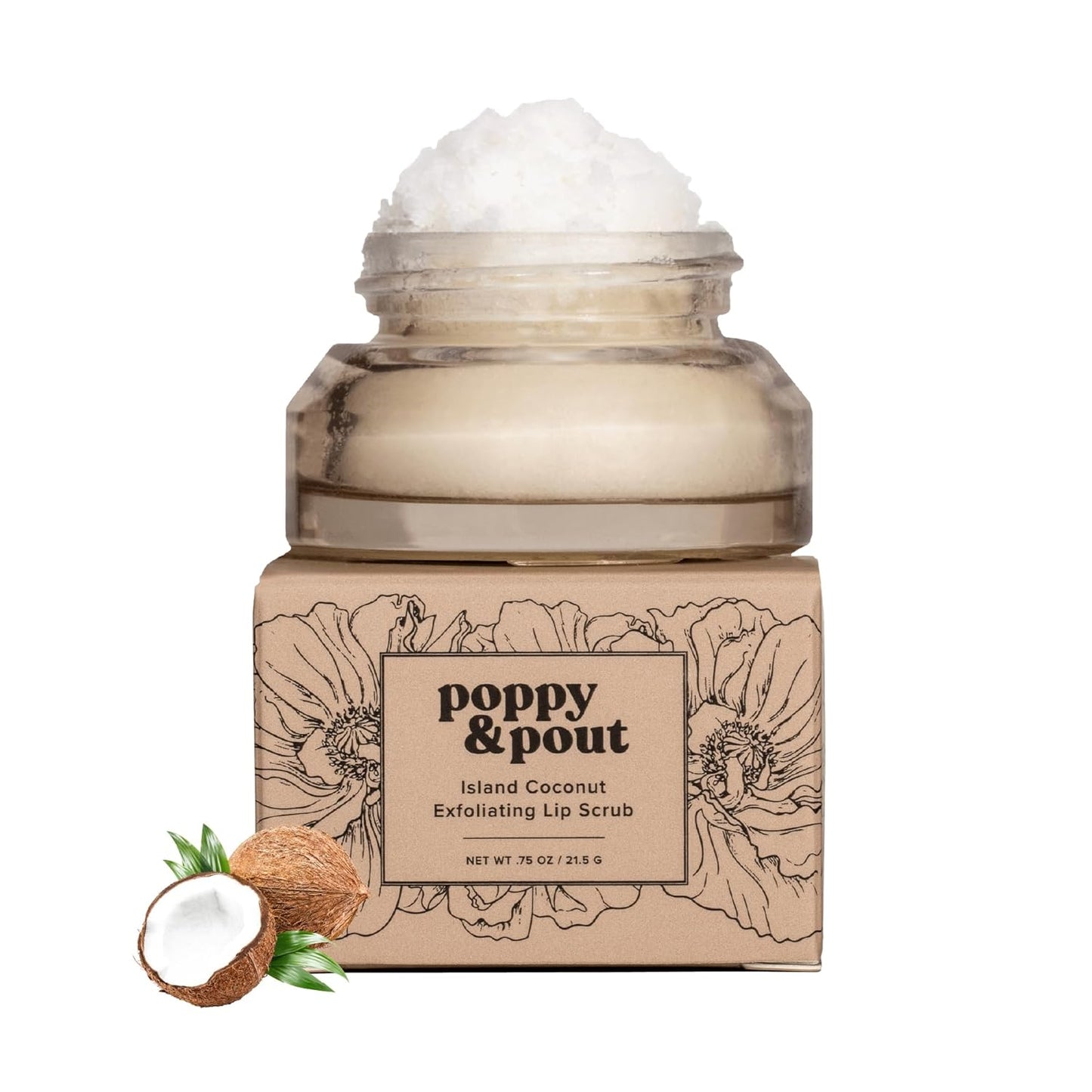 Poppy & Pout Natural Lip Scrub, Moisturizing Sugar Scrub for Dry Lips, Lip Scrubber Exfoliator with Essential Oils Smooths and Hydrates Lips, In Recyclable Glass Jars, Cruelty Free - Island Coconut