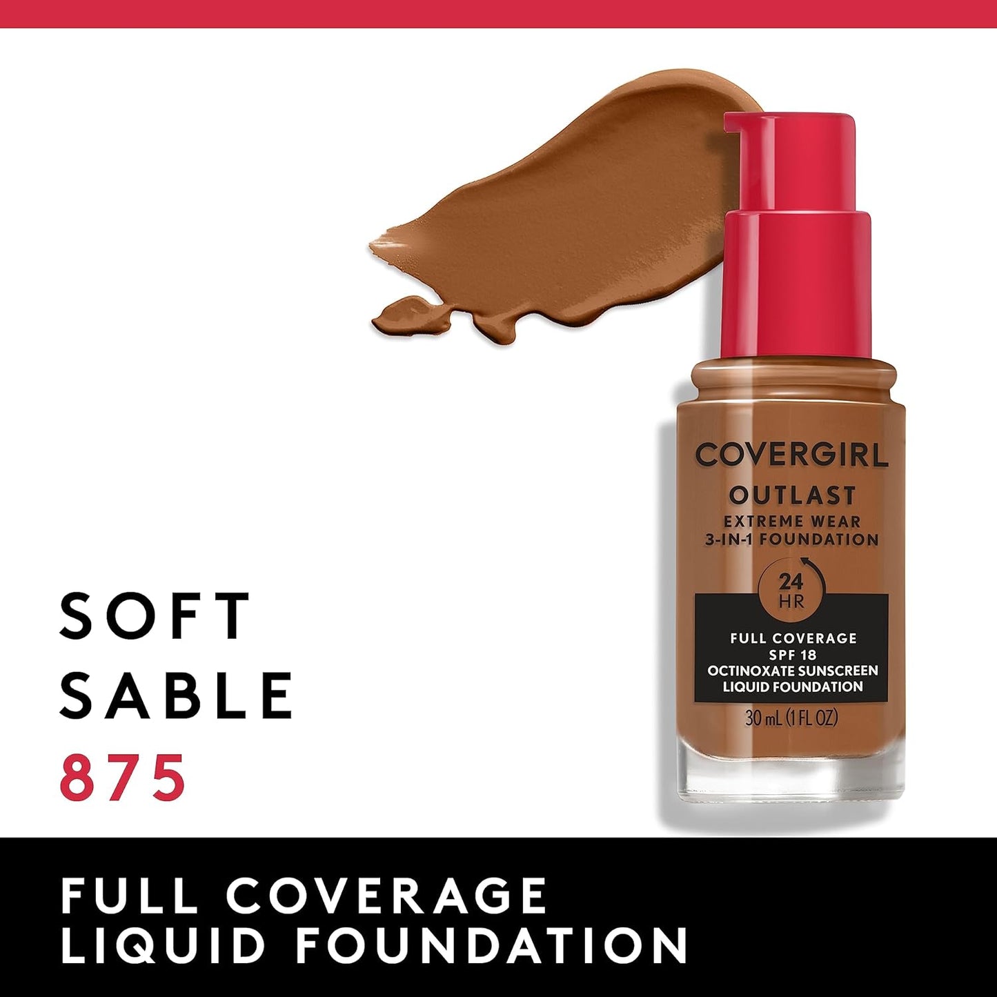 Covergirl Outlast Extreme Wear 3-in-1 Full Coverage Liquid Foundation, SPF 18 Sunscreen, Soft Sable, 1 Fl. Oz.