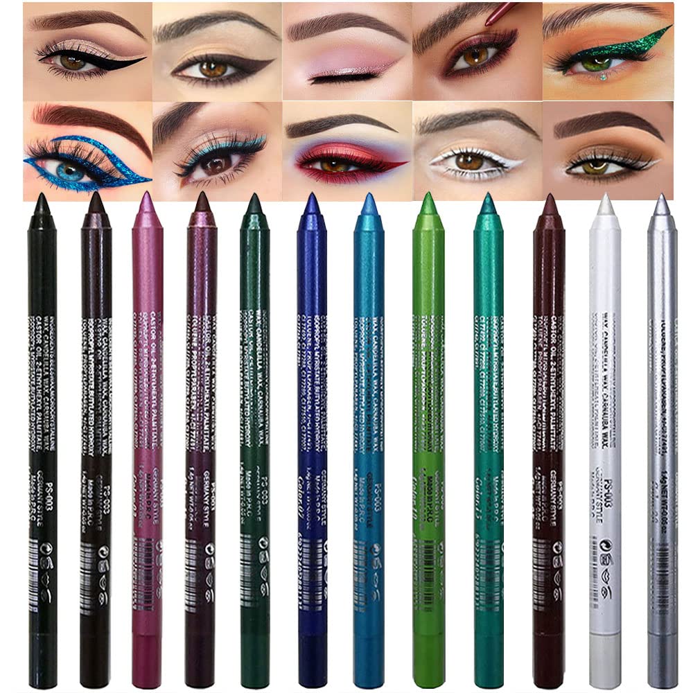 Kaely 12Pcs Glitter Gel Eyeliner Pencil Set for Women, Color Eye Liner Waterproof Smudge Proof with Sharpener, High Pigmented Eye Makeup Liners, lapiz de ojos delineador de ojos contra el agua, 01