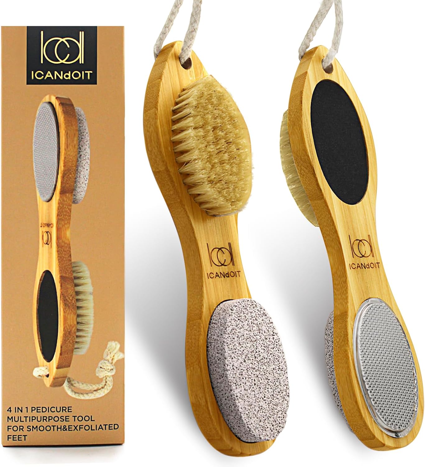 ICDI ICANdOIT Natural Bamboo Foot File Callus Remover-Multi Purpose 4 in 1 Feet Pedicure Kit with Foot Care Boar Bristle Brush,Pumice Stone,Foot Rasp,Sand Paper