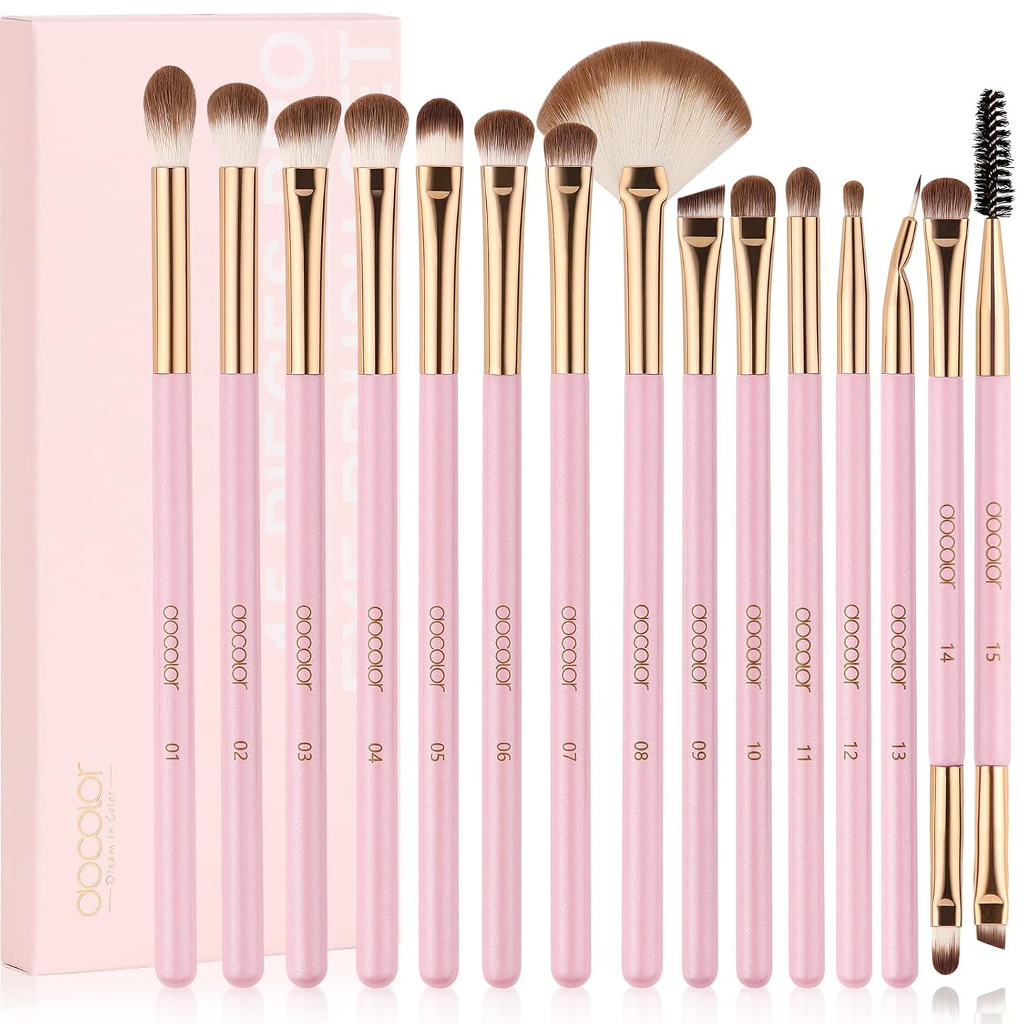 Docolor Eye Makeup Brushes 15Pcs Eyeshadow Brush Set with Soft Synthetic Hairs Professional Eye Shadow Blending Concealer Eyebrow Eyelash Eye Liners Premium Eye Make Up Brushes Set (Pink)