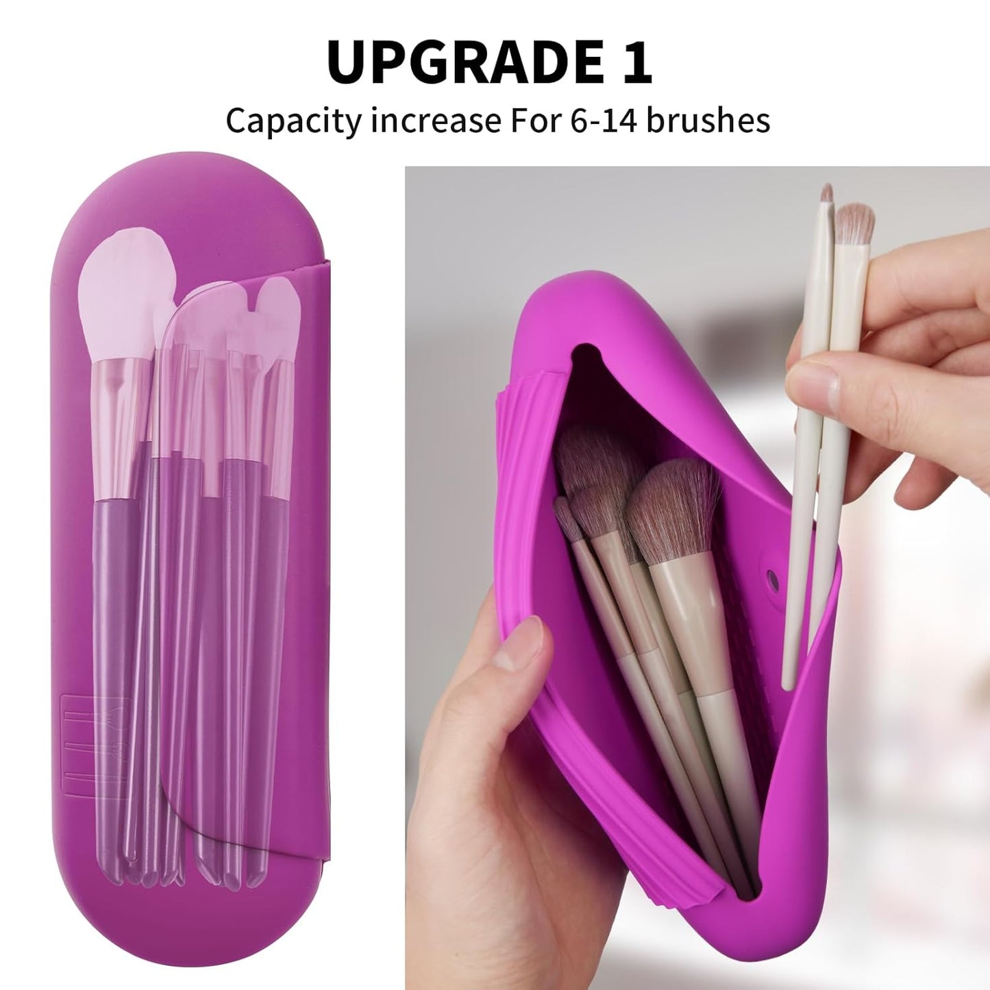 Silicone Makeup Brush Holder Travel Cosmetic Bag：Soft Portable Cosmetic Face Brushes Holder with Upgrade Anti-Fall Out Magnetic Closure, Large Travel Makeup Brush Case - Bright Pink