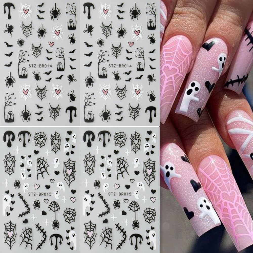 4sheets Halloween Nail Stickers 3D Self-Adhesive Ghost Nail Art Stickers - Black Spider Bat Decals with Heart Spider Web Blood Droplets Design for Women DIY Holiday Nail Decoration