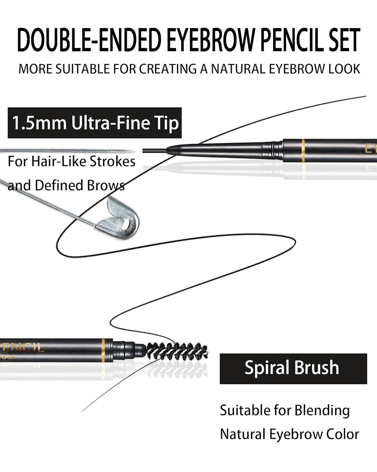 Black Eyebrow Pencils for Women, 12Pcs Ultra Slim Eyebrow Pencil with 2 Brow Razors Kit, Double Head 1.5mm Micro-Fine Tip & Spiral Brush, Can Draw Fine and Long-Lasting Brows Makeup