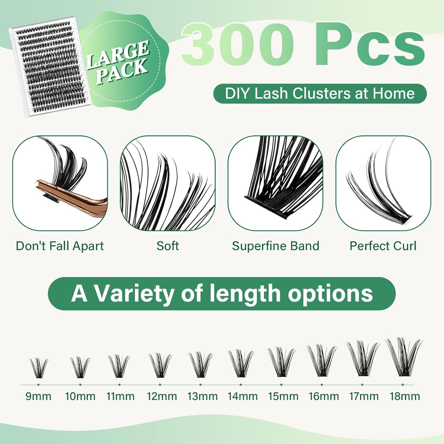 KEYYOU Lash Extension Kit DIY 300Pcs Lash Clusters Eyelash Extension Kit 50D C Curl 9-18MIX Lash Clusters Kit with Lash Glue Remover Applicator Easy to Use for Beginners(Kit,50D-C,9-18MIX)