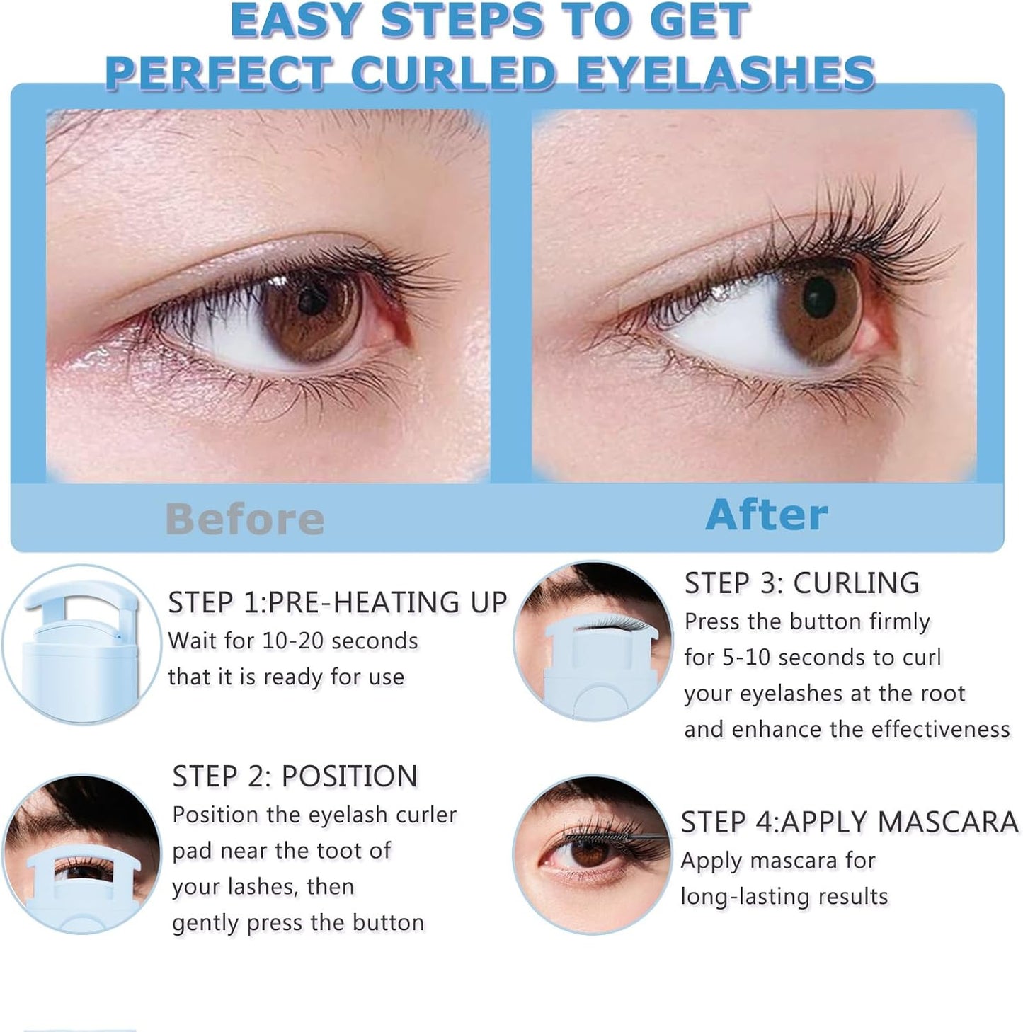 Heated Eyelash Curler - Wide Open Dual-Arc Design Heated Lash Curler - Electric Eyelash Curler - Type-C Rechargeable Mini Lash Curler Natural Curling 24H Long Lasting for Women - Blue