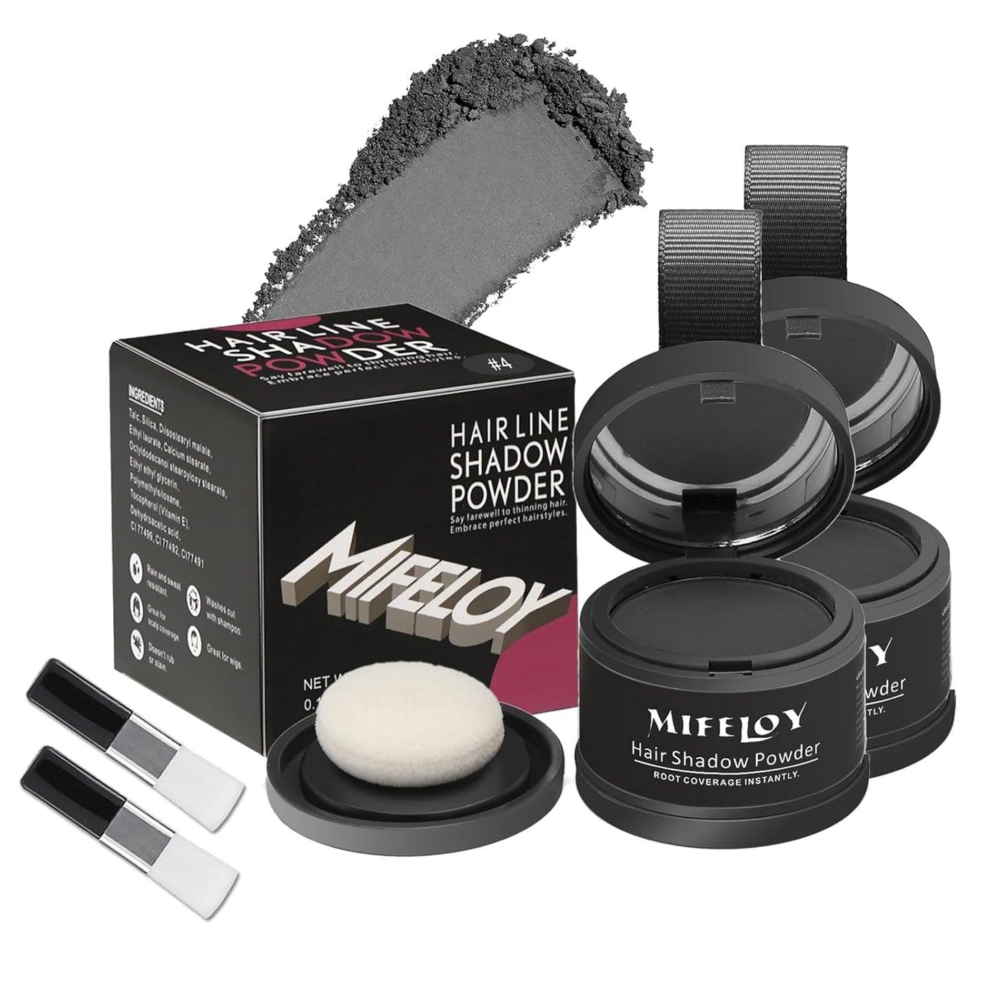 2 Pack Root Cover Up and Touch Up Powder - Conceals Grays, Thinning Hair, Hairline, Beard Line, Eyebrow, Instantly - Dark Grey