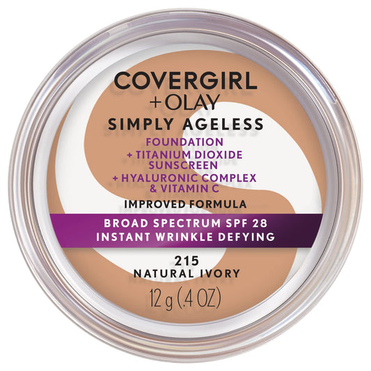 COVERGIRL Simply Ageless Instant Wrinkle Defying Foundation, SPF 28, Hyaluronic Complex & Vitamin C - 215 Natural Ivory, Pack of 1