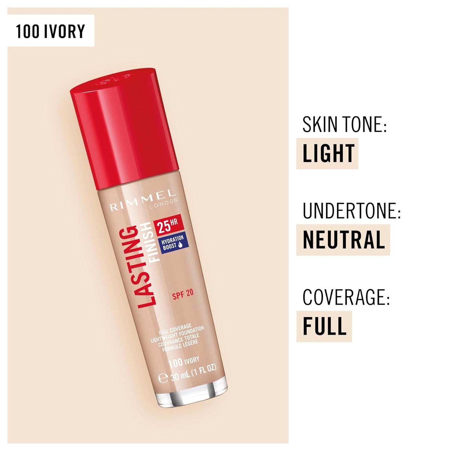 Rimmel London Lasting Finish 25HR - 100 Ivory - Foundation, 25-Hour Wear, Full Coverage, Waterproof, 1oz