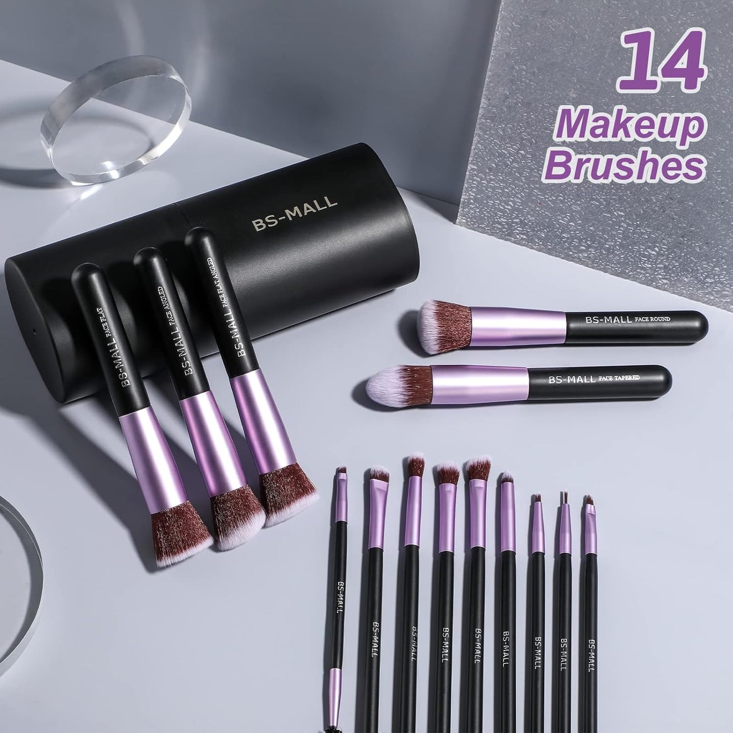 BS-MALL Makeup Brushes Premium Synthetic Foundation Powder Concealers Eye Shadows 14 Pcs Purple for Makeup Beginner or Professional with Travel Case