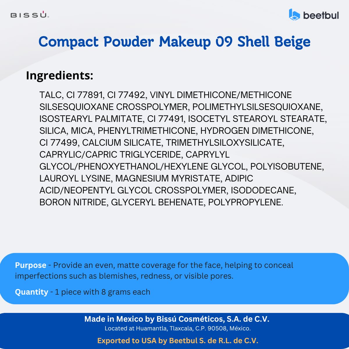 Beetbul Makeup & Exfoliation Kit - Bissú Compact Powder + 1 Medium Velvet Puff + 2 Finger Puffs + 1 Facial Exfoliating Sponge (09 Shell Beige, One Size)