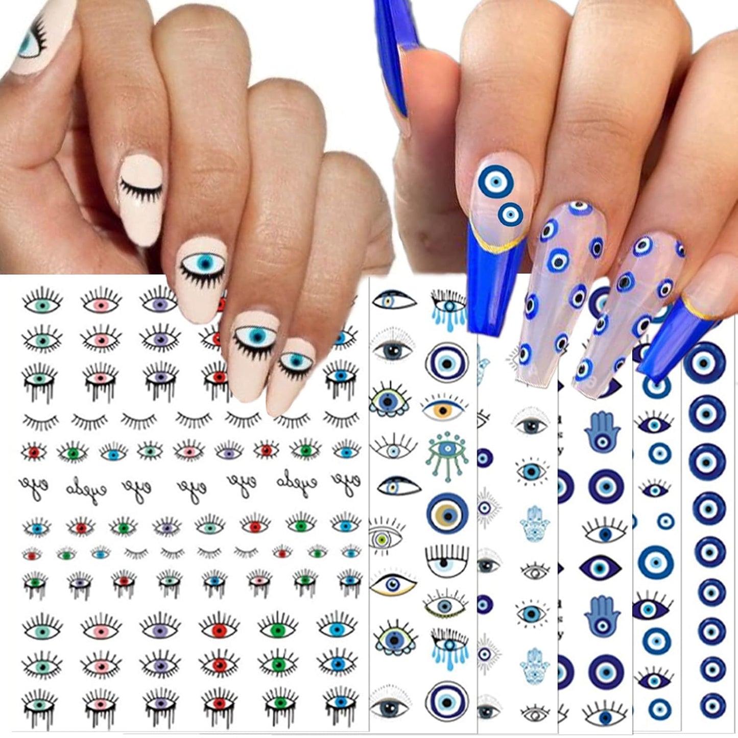 14 Sheets Evil Eye Nail Stickers, 3D Turkish Blue Eye Design Nail Art Decals, Self Adhesive Hamsa Hand of Fatima Manicure Decorations