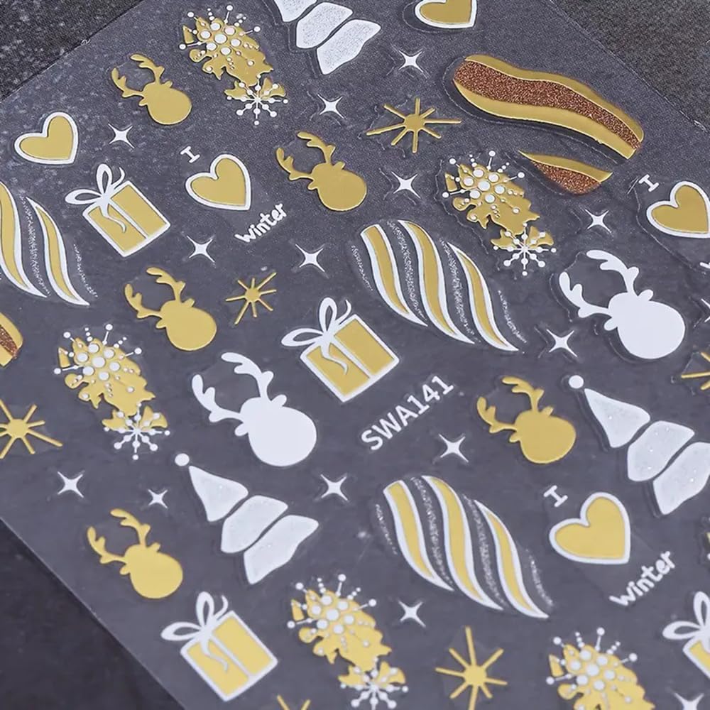 2PCS Christmas Nail Art Stickers, Winter Snowflake Reindeer Nail Stickers Christmas Gift Heart Pattern Self-Adhesive Nail Decals, DIY Nails Art Decoration, Festive Nails Supplies, Xmas Nails Charms