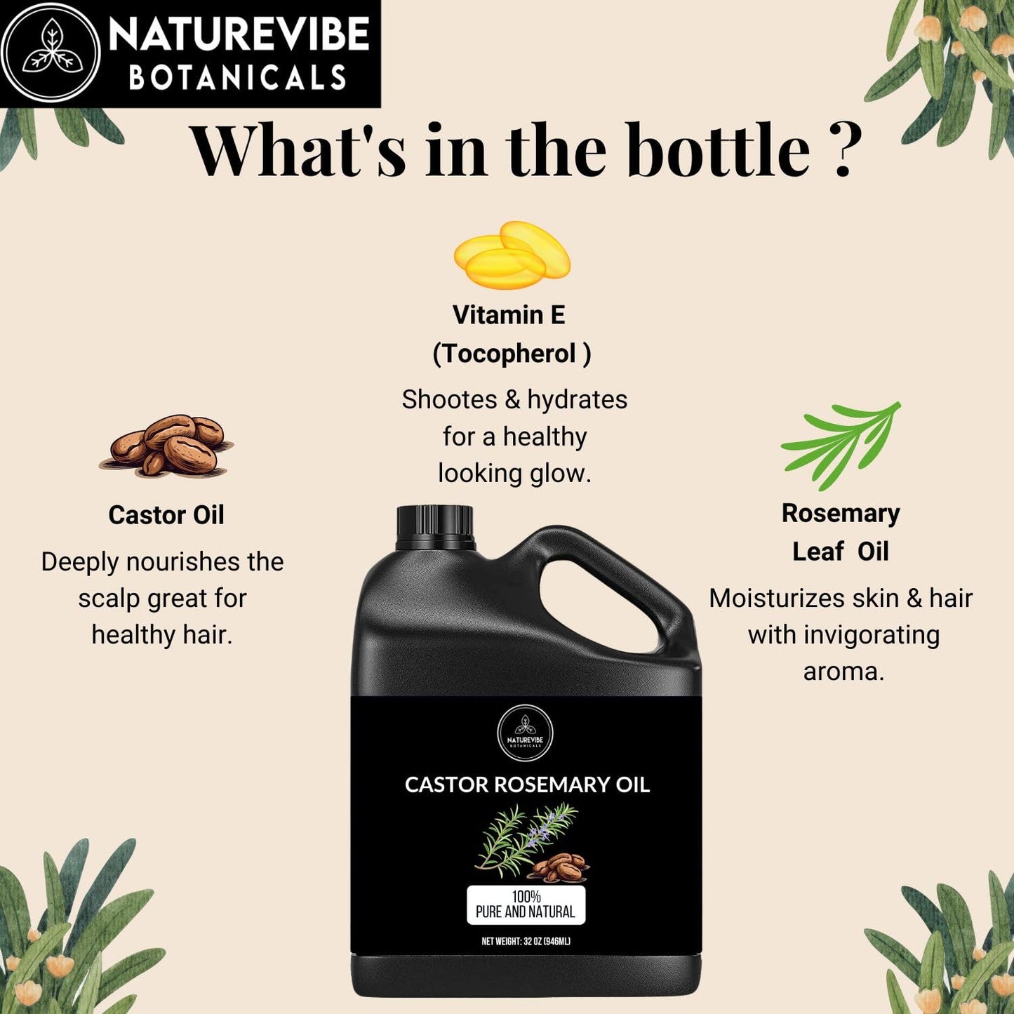 Naturevibe Botanicals Castor Rosemary Oil 32 Ounces | 100% Pure and Natural | Great for Skin Care and Hair Care