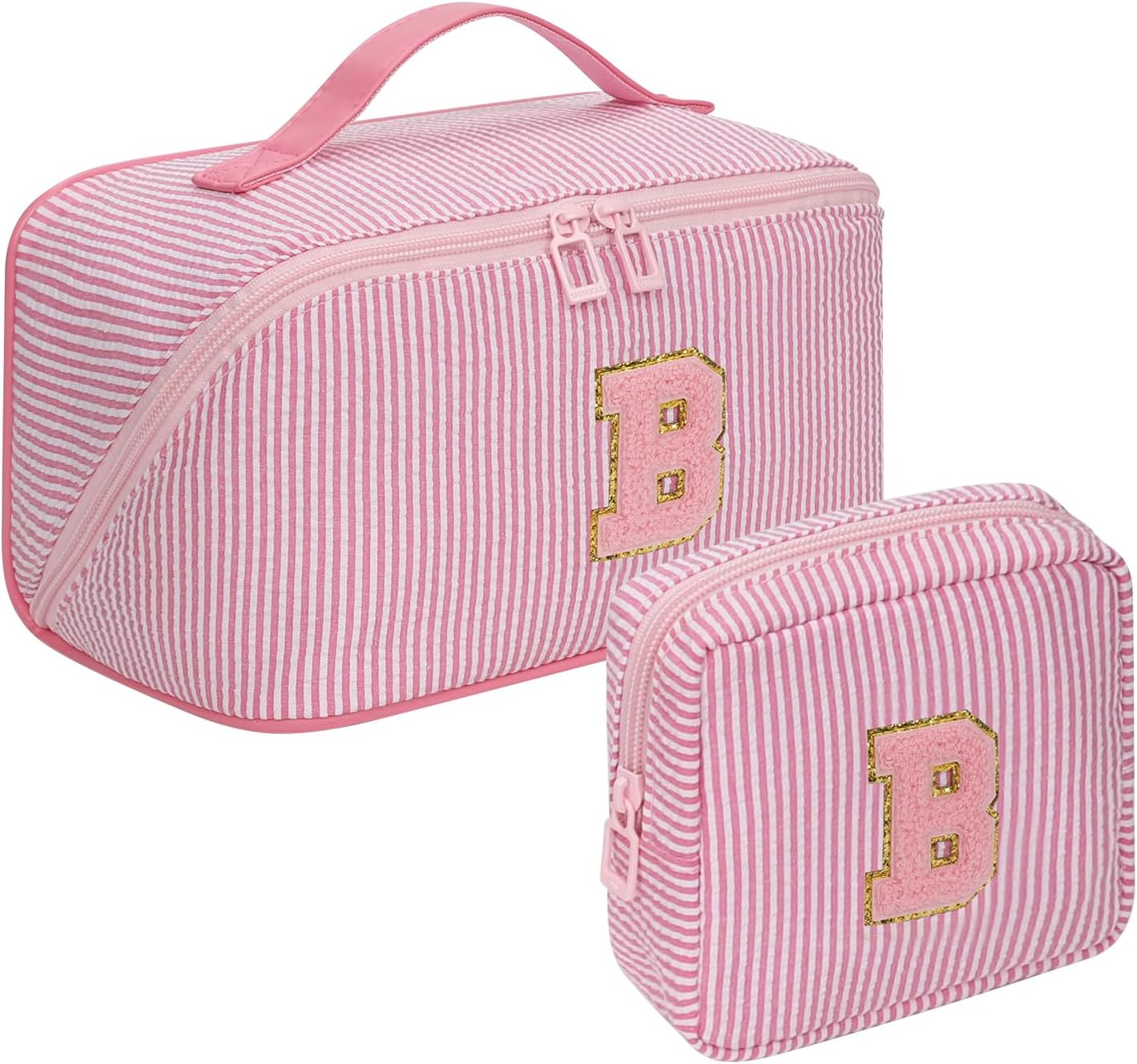 Travel Makeup Bag for Women, 2Pcs Portable Personalized Initial Makeup Organizer Bag, Open Flat Large Cosmetic Bag With Travel Essential Pouch (Pink Letter B)
