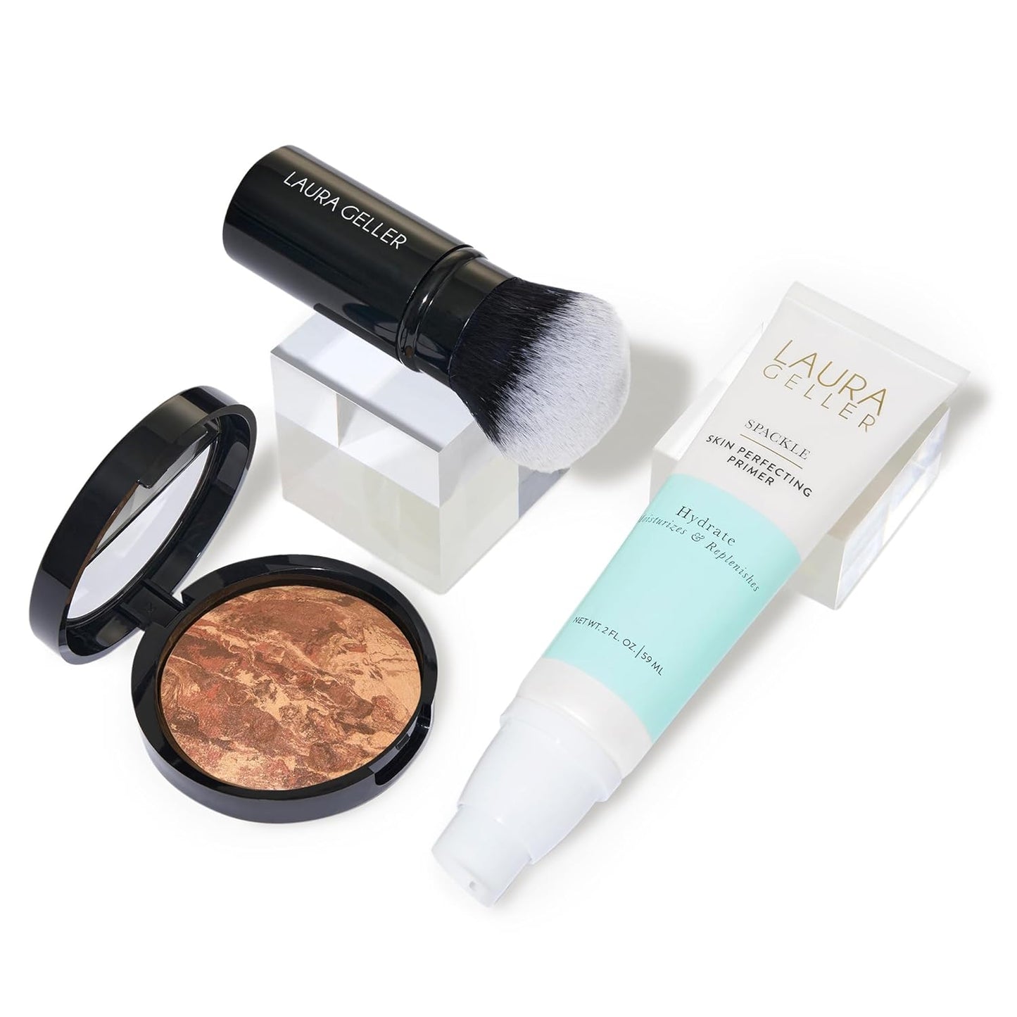 LAURA GELLER NEW YORK Laura's Must-Haves Kit 3pc: Baked Balance-n-Brighten Powder Foundation, Deep + Spackle Skin Perfecting Makeup Primer, Hydrate + Airbrush Round Kabuki Brush