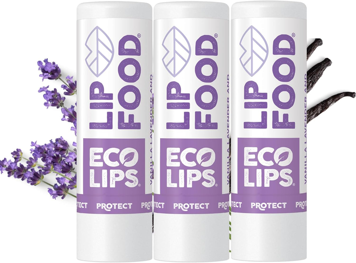 Eco Lips Lip Food - Nutrient Dense & Organic Lip Balm (Protect) - Lavender & Vanilla 3-pack
