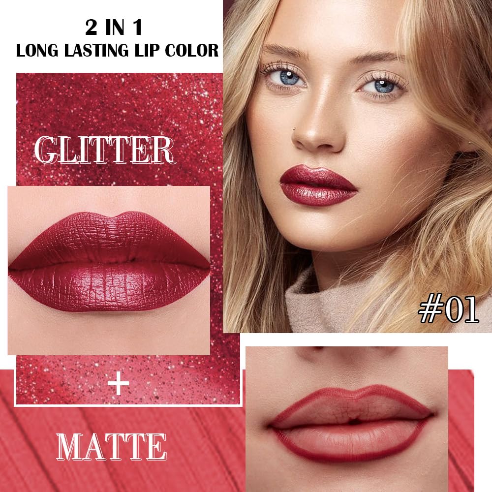 evpct Dark Red Metallic Glitter Lip Liner and Lipstick Combo Lip Gloss Stain Set Makeup for Women Long Lasting Waterproof 24, Wine Red Frosted Metallic Shimmer Glossy Chrome iridescent Liquid Lipstick